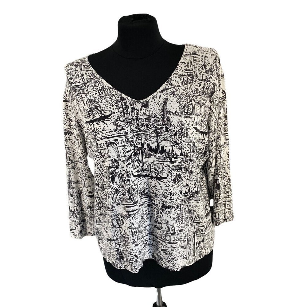 Chicos Womens Crop Top 2 Large White Black Art Graphic 3/4 Sleeve Soft Casual